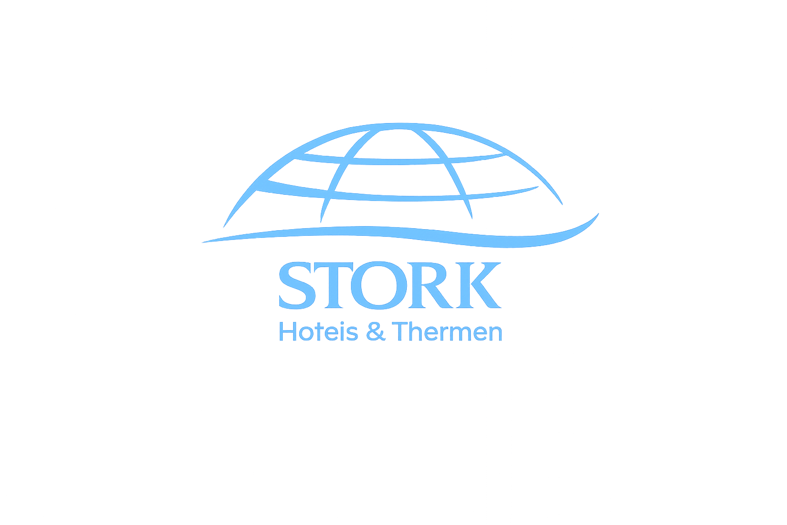 Brand logo: blue glowing STORK Hotels & Thermen with a globe outline on a gray background.